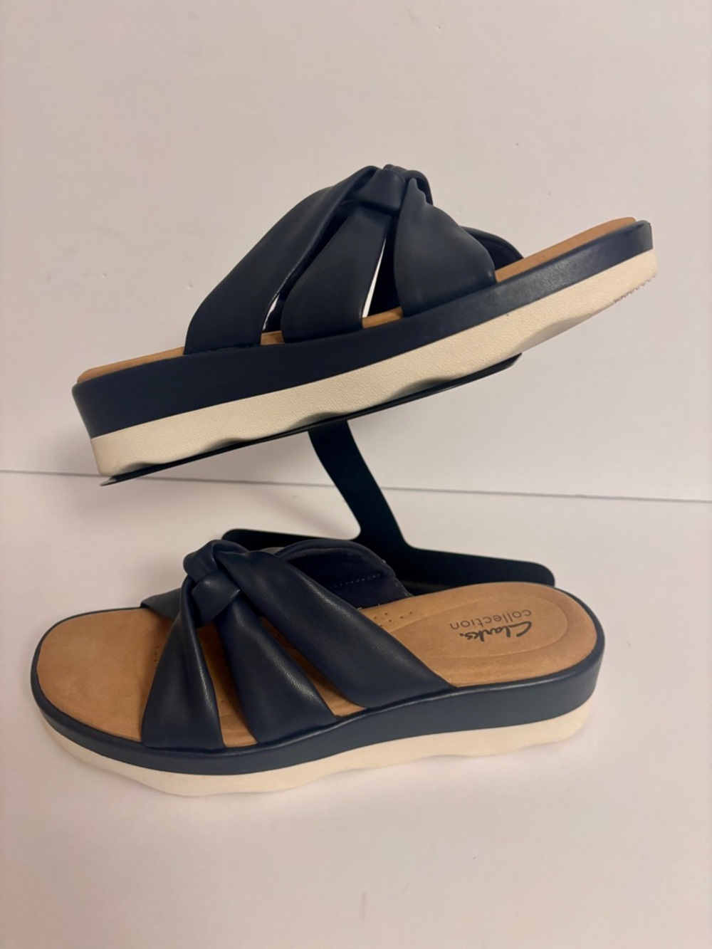 Clarks Navy Knotted Platform Slide Sandals - Women's
